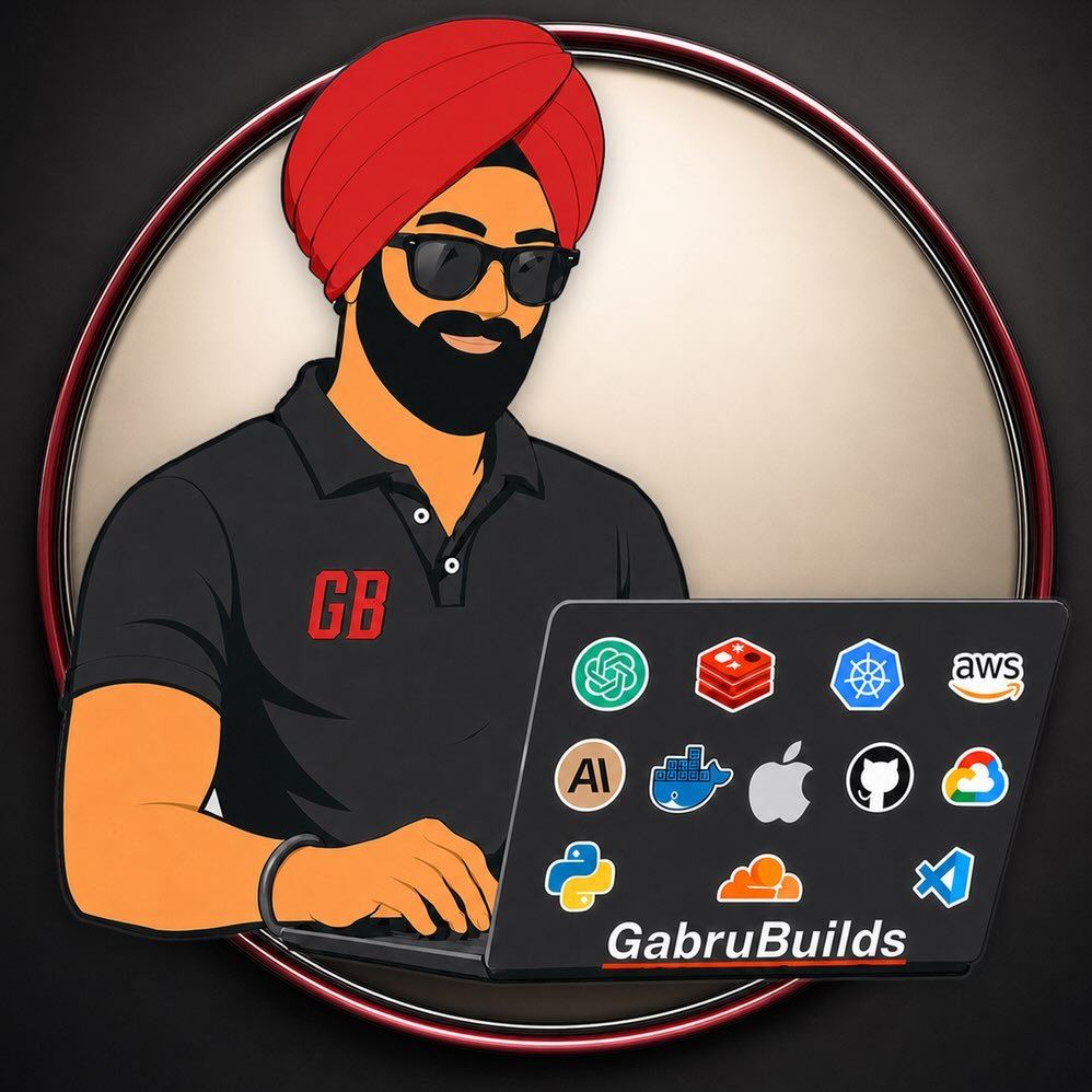 The Gabru Builds mascot: a Sikh builder in a red turban and sunglasses, typing on a laptop covered in tech stickers.